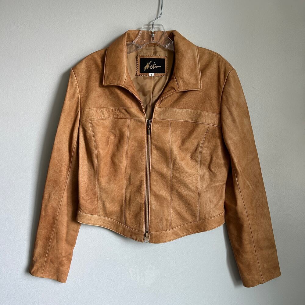 Vintage Neto Camel Tan Leather Cropped Fitted 80s 90s Zip Moto Jacket Size 8